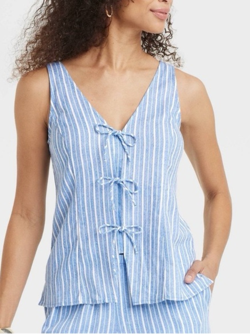 NWOT - Linen Blend A New Day Blue & White Striped Tie-Front Tank Top